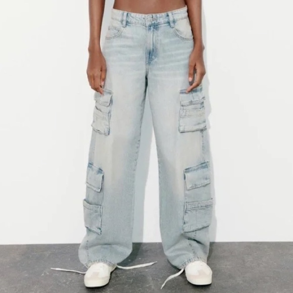 Zara ZW Mid-Rise Baggy Cargo Denim Jeans : 2